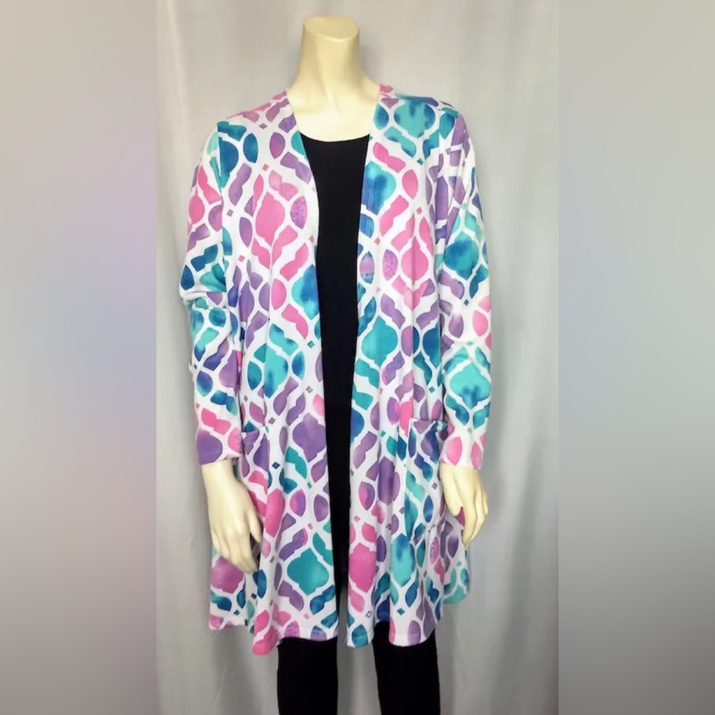 Watercolor Geometric Open-Front Womenâs Sweater - Pink, Purple & Teal